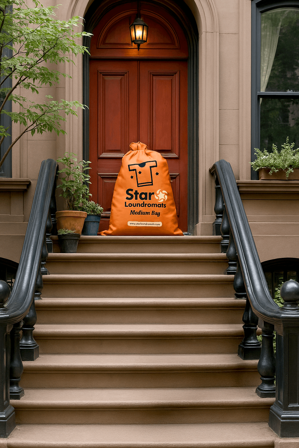 Star Laundromats pickup and delivery laundry bag on New York doorstep.