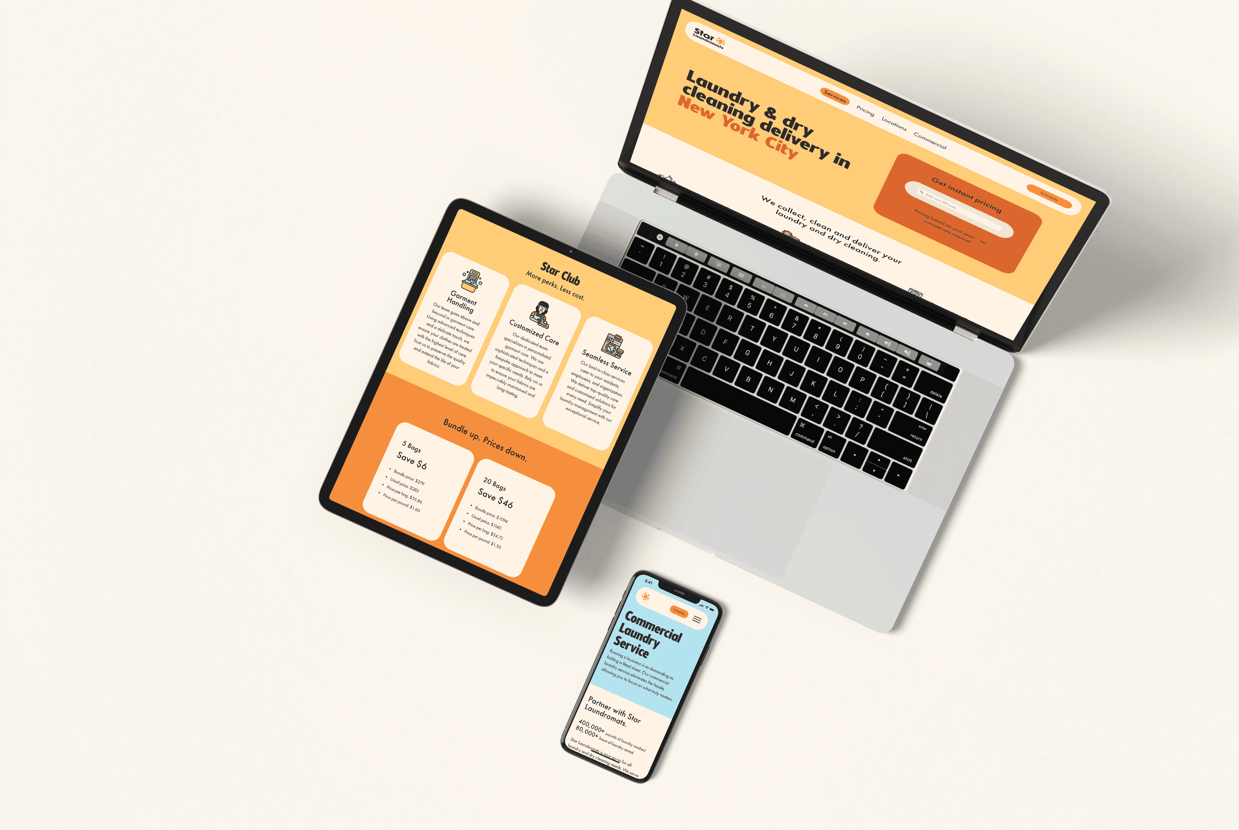 Multi-device mockup displaying the responsive web design for Star Laundromats. Highlights the importance of mobile-optimized laundromat websites for SEO, conversions, and customer convenience.